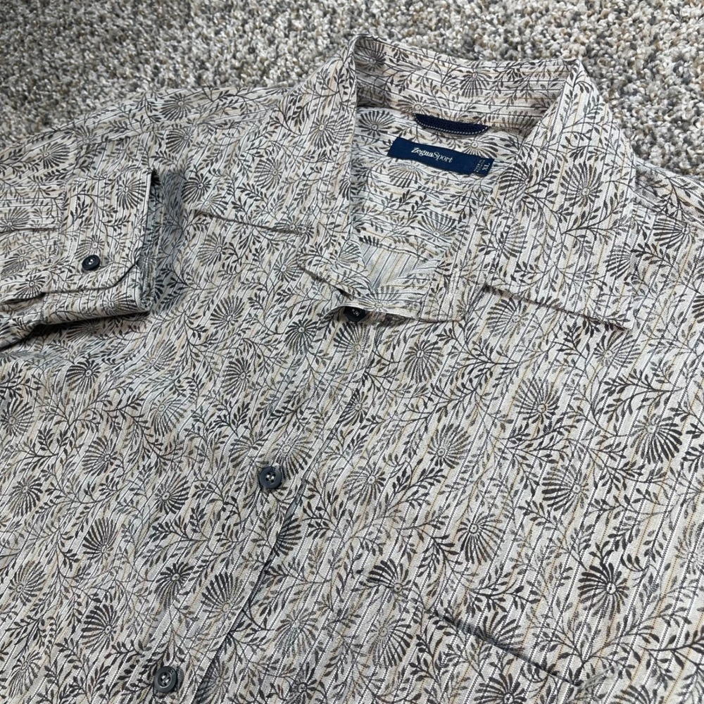 Zegna Sport Men's XL Floral Stripe Cotton Long Sleeve Button Up Shirt Gray